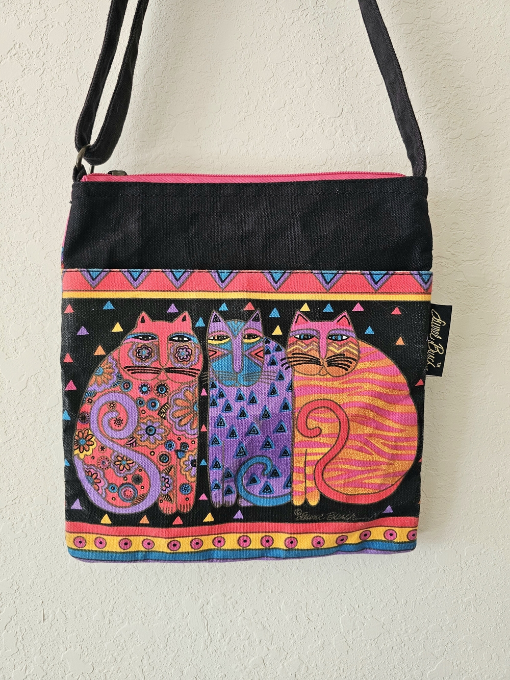 Laurel Burch Black Canvas Crossbody Bag with Colorful Cat Print EUC